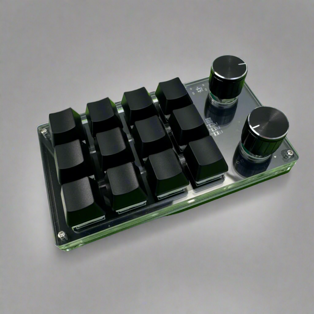 A compact 12-Key Macropad Mechanical Keyboard with a programmable rotary knob, featuring a transparent panel and green keycaps.