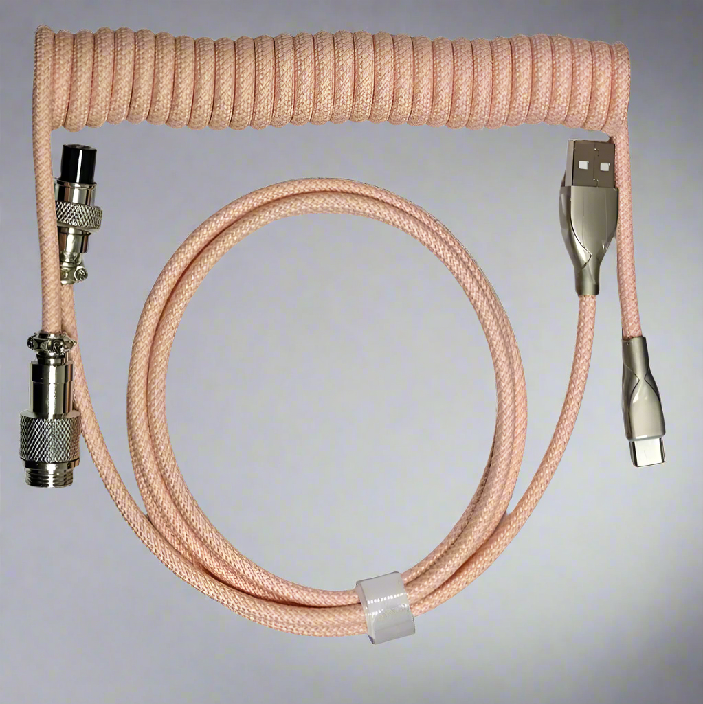 A black coiled cable with a Type C USB connector on one end and an aviator connector on the other, designed for keyboard connectivity.